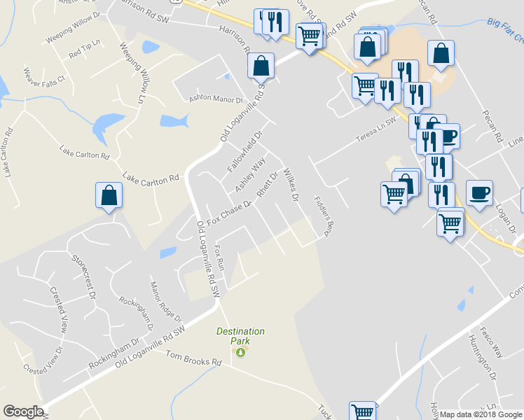 map of restaurants, bars, coffee shops, grocery stores, and more near 4218 Fox Chase Drive in Loganville
