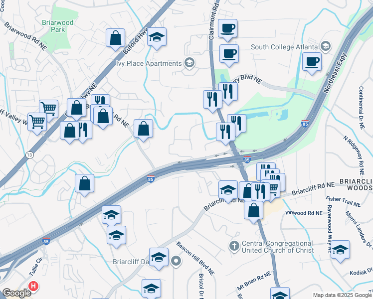 map of restaurants, bars, coffee shops, grocery stores, and more near 2924 Clairmont Road in Atlanta