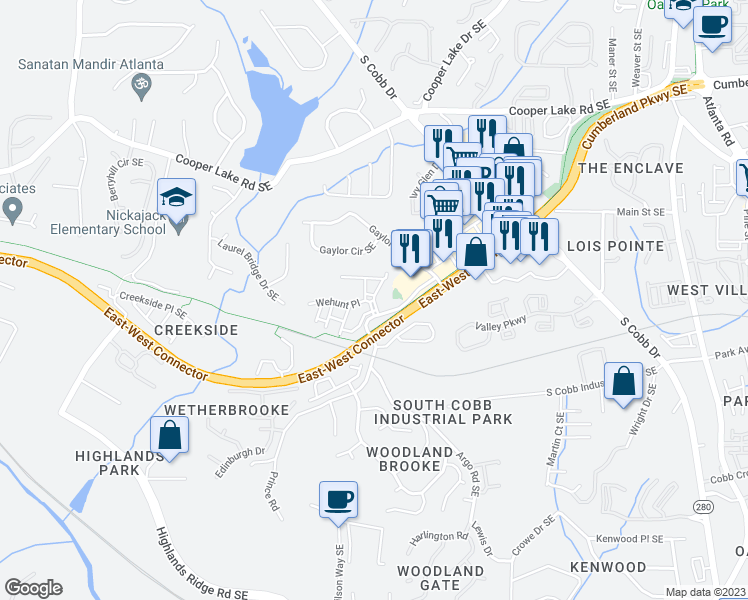 map of restaurants, bars, coffee shops, grocery stores, and more near 4633 Wehunt Commons Drive Southeast in Smyrna