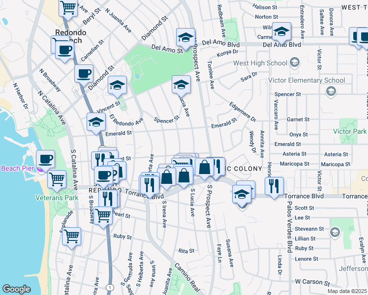 map of restaurants, bars, coffee shops, grocery stores, and more near 122 South Juanita Avenue in Redondo Beach