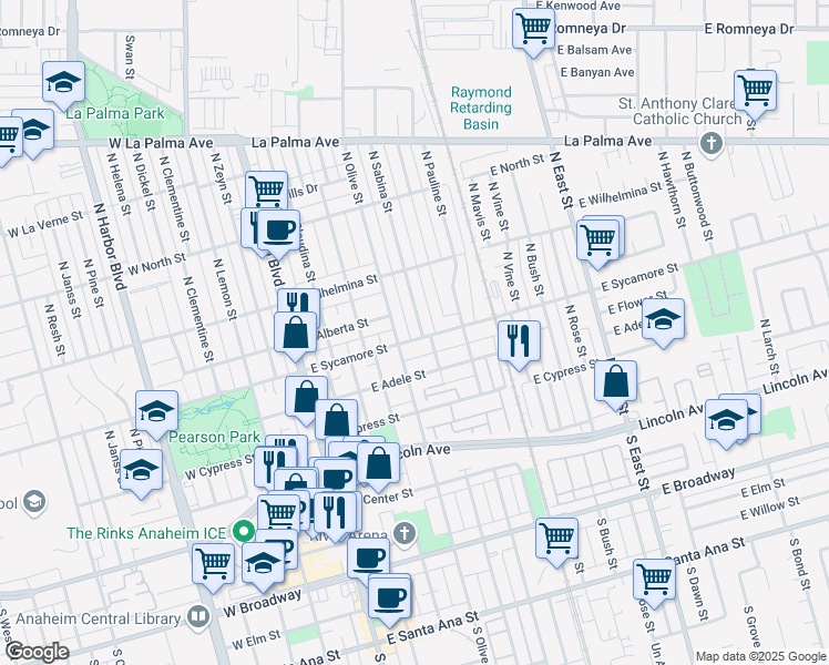 map of restaurants, bars, coffee shops, grocery stores, and more near 419 East Sycamore Street in Anaheim