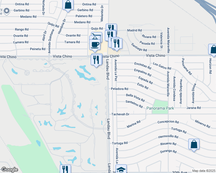 map of restaurants, bars, coffee shops, grocery stores, and more near 73281 Colonial Drive in Thousand Palms