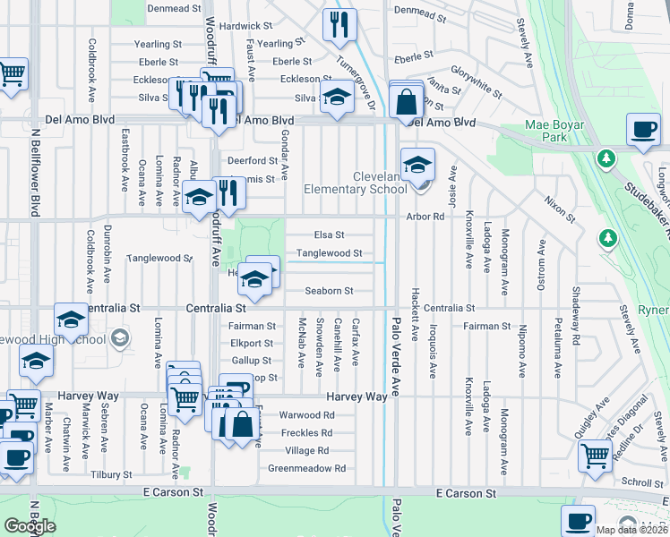 map of restaurants, bars, coffee shops, grocery stores, and more near 6219 Henrilee Street in Lakewood