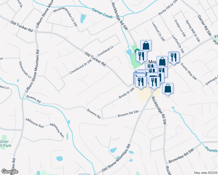 map of restaurants, bars, coffee shops, grocery stores, and more near 5589 Beechwood Drive Southwest in Stone Mountain