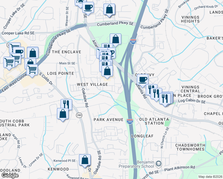 map of restaurants, bars, coffee shops, grocery stores, and more near 2305 West Village Lane in Smyrna