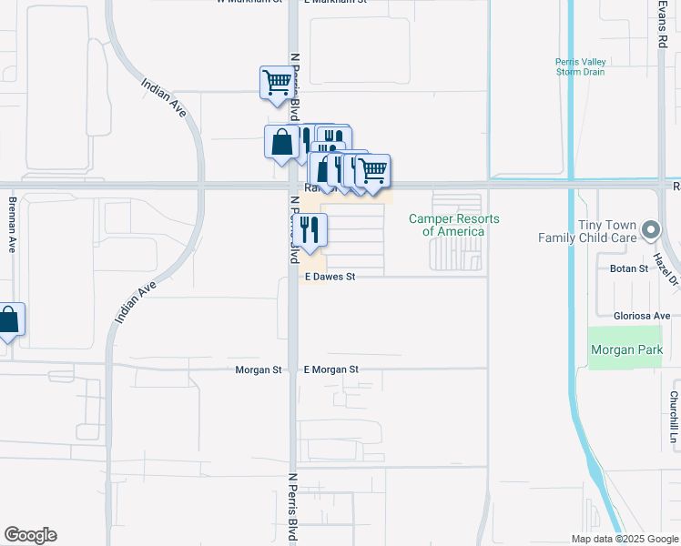 map of restaurants, bars, coffee shops, grocery stores, and more near 80 East Dawes Street in Perris