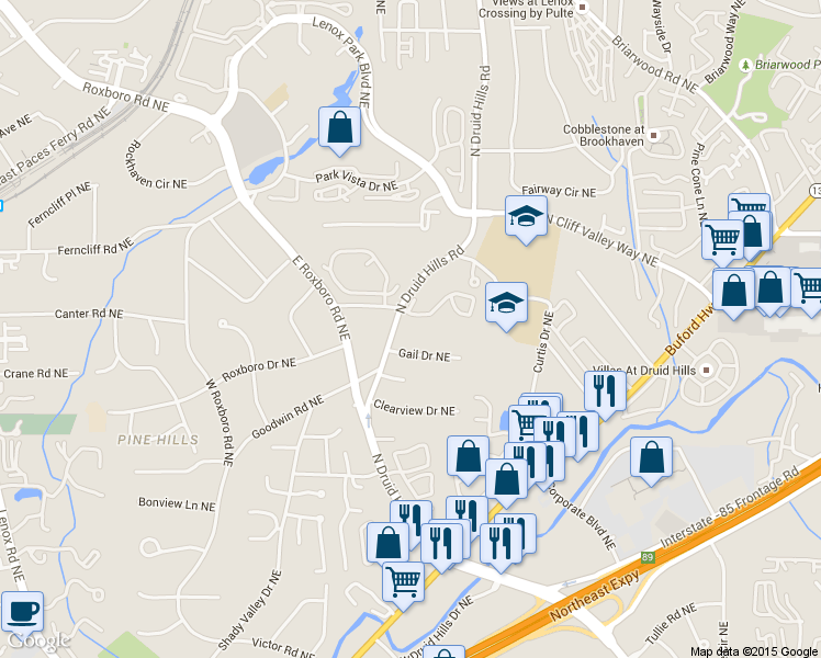 map of restaurants, bars, coffee shops, grocery stores, and more near 1744 North Druid Hills Road in Atlanta