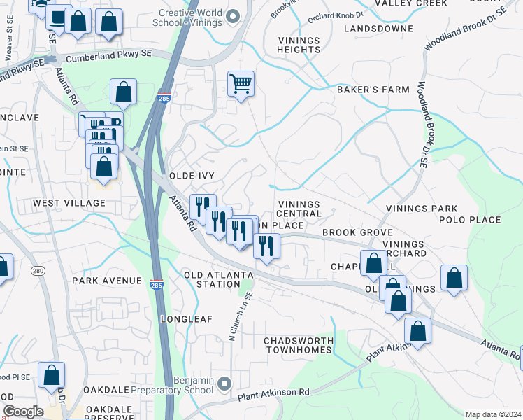 map of restaurants, bars, coffee shops, grocery stores, and more near 212 Cameron Place Southeast in Smyrna