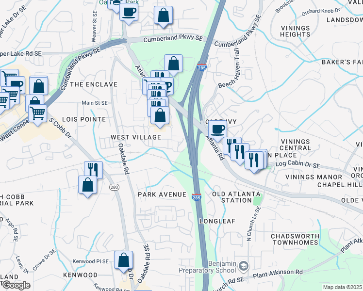 map of restaurants, bars, coffee shops, grocery stores, and more near 4710 Hill Street in Smyrna