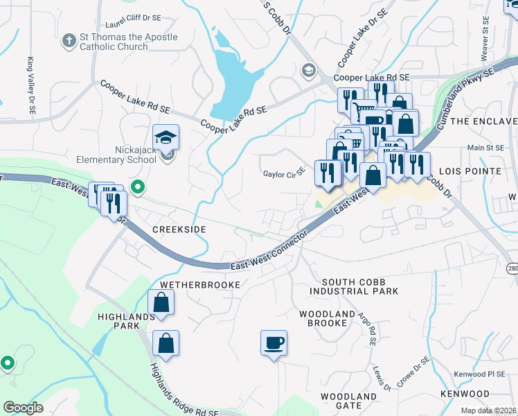map of restaurants, bars, coffee shops, grocery stores, and more near 1607 Wehunt Place in Smyrna
