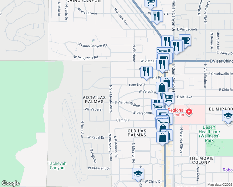 map of restaurants, bars, coffee shops, grocery stores, and more near 495 Camino Norte in Palm Springs