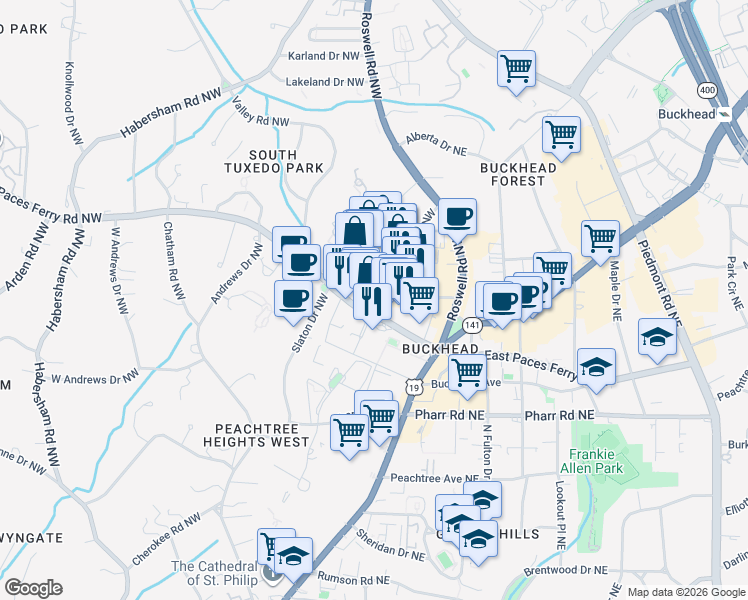 map of restaurants, bars, coffee shops, grocery stores, and more near 91 West Paces Ferry Road Northwest in Atlanta