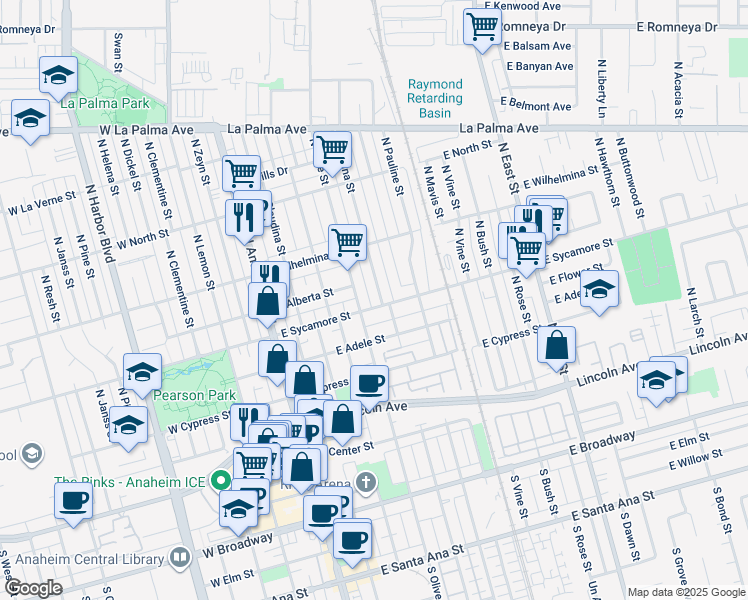 map of restaurants, bars, coffee shops, grocery stores, and more near 419 East Sycamore Street in Anaheim