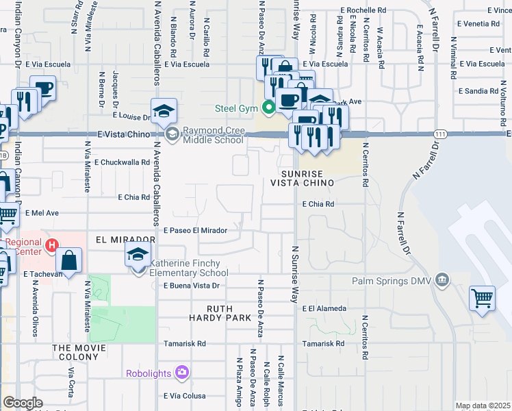 map of restaurants, bars, coffee shops, grocery stores, and more near 1306 Barrymore Place in Palm Springs
