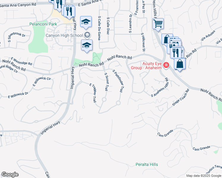 map of restaurants, bars, coffee shops, grocery stores, and more near 5941 East Cowboy Circle in Anaheim