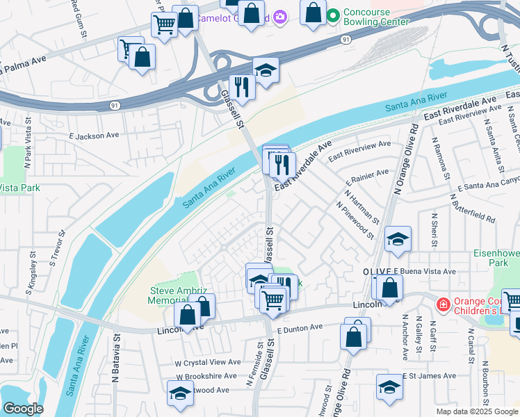 map of restaurants, bars, coffee shops, grocery stores, and more near 3115 Sunrise Court in Orange