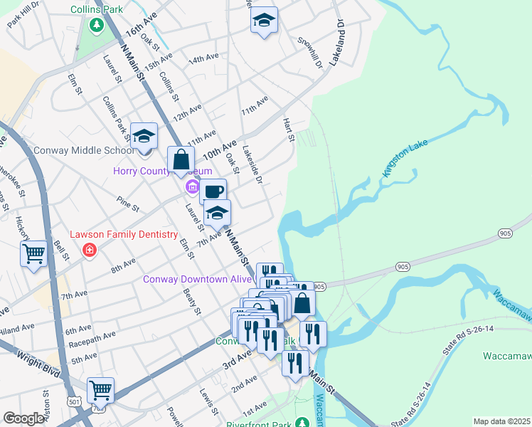 map of restaurants, bars, coffee shops, grocery stores, and more near 500 Lakeside Drive in Conway