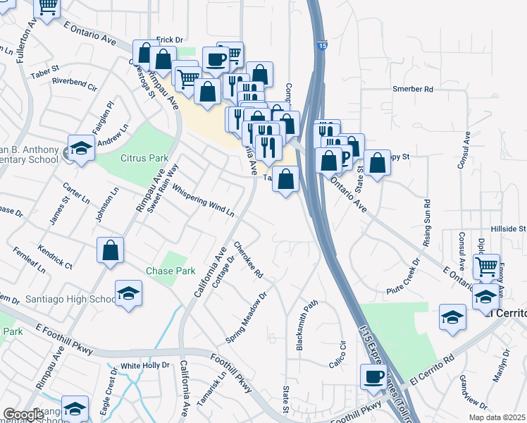 map of restaurants, bars, coffee shops, grocery stores, and more near 2489 California Avenue in Corona