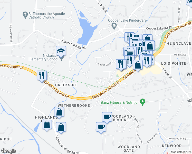 map of restaurants, bars, coffee shops, grocery stores, and more near 1609 Wehunt Place in Smyrna