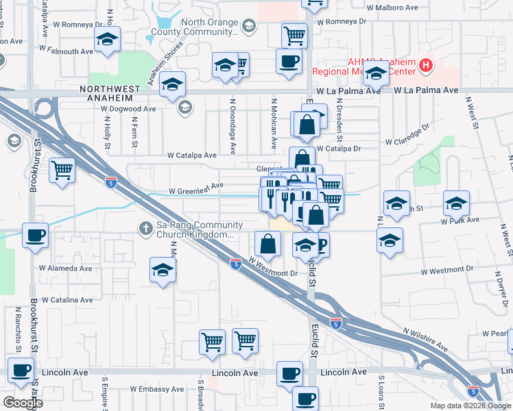 map of restaurants, bars, coffee shops, grocery stores, and more near 1800 West Gramercy Avenue in Anaheim