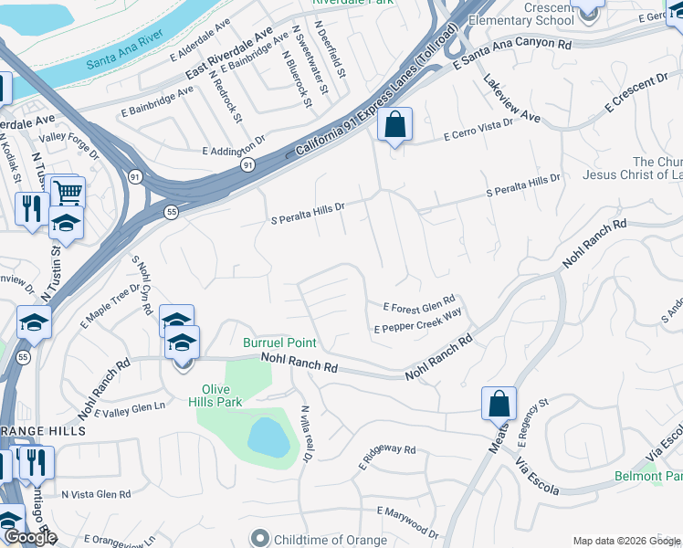 map of restaurants, bars, coffee shops, grocery stores, and more near 4435 East Emberwood Lane in Anaheim