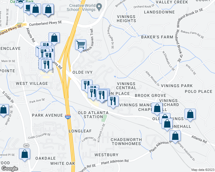 map of restaurants, bars, coffee shops, grocery stores, and more near 1218 Tamarron Parkway Southeast in Smyrna
