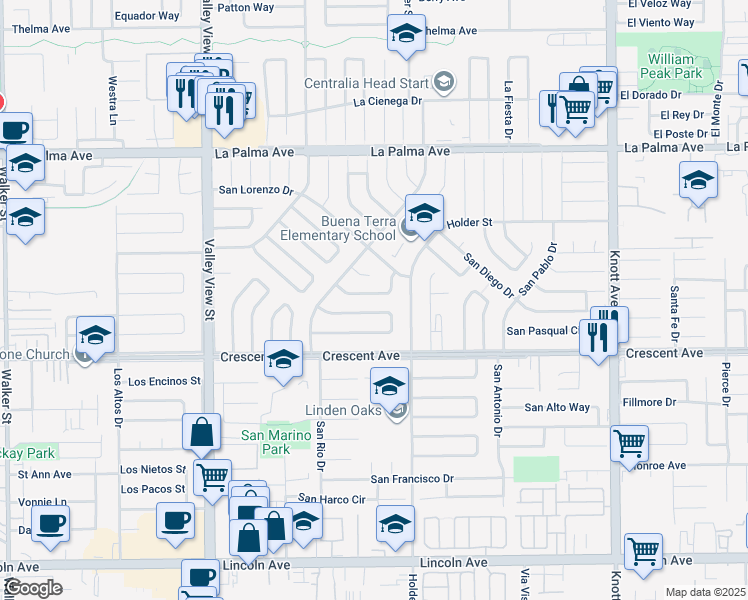 map of restaurants, bars, coffee shops, grocery stores, and more near 6373 San Martin Way in Buena Park