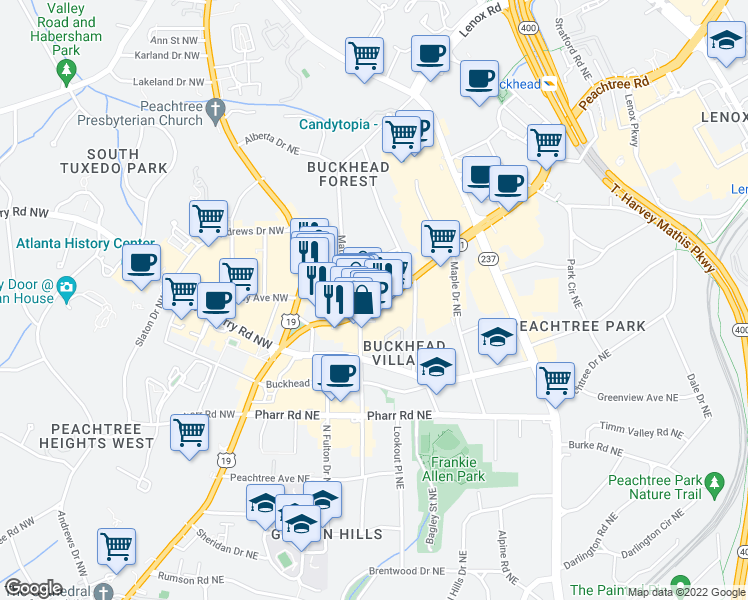 map of restaurants, bars, coffee shops, grocery stores, and more near 3165 Mathieson Drive Northeast in Atlanta