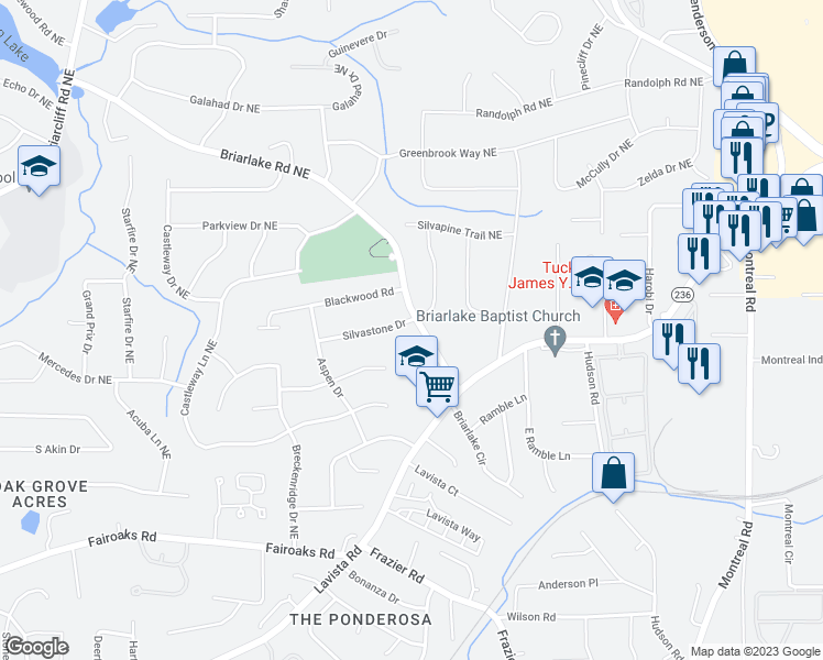 map of restaurants, bars, coffee shops, grocery stores, and more near 1957 Silvastone Drive in Decatur