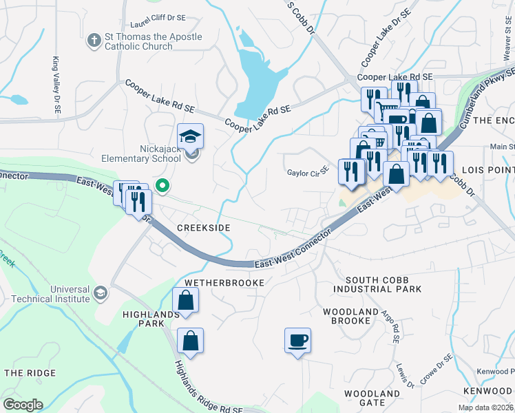map of restaurants, bars, coffee shops, grocery stores, and more near 5110 Laurel Bridge Drive Southeast in Smyrna