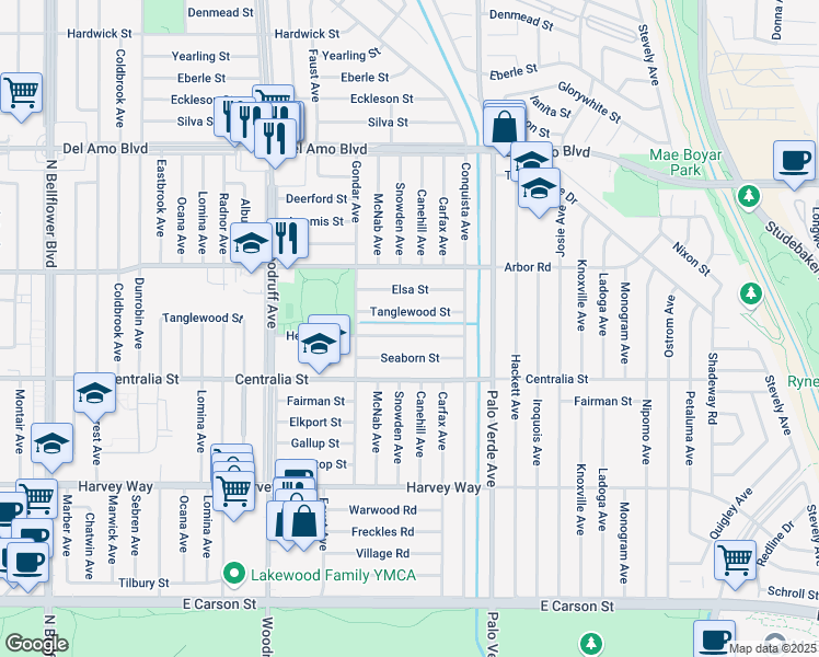 map of restaurants, bars, coffee shops, grocery stores, and more near 6142 Tanglewood Street in Lakewood
