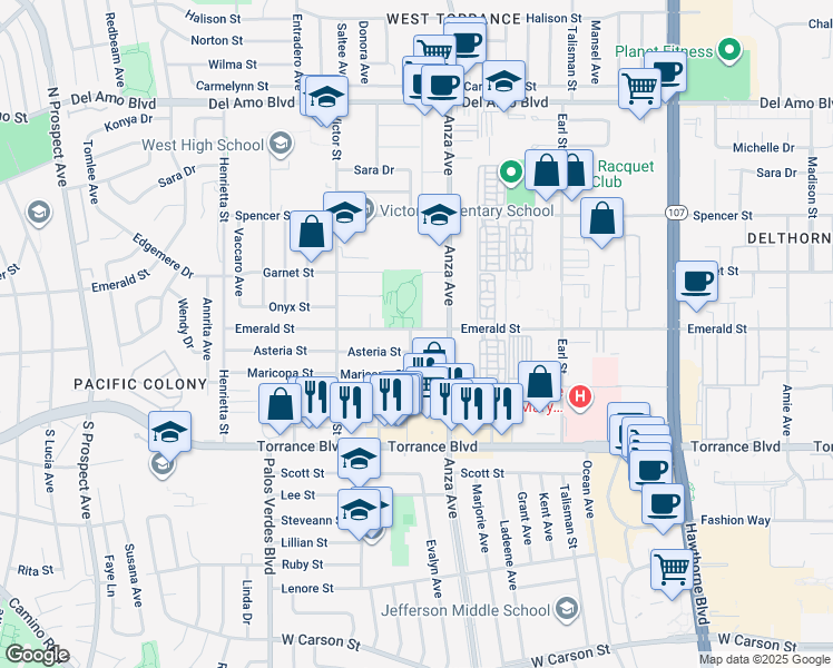 map of restaurants, bars, coffee shops, grocery stores, and more near 20804 Reynolds Drive in Torrance