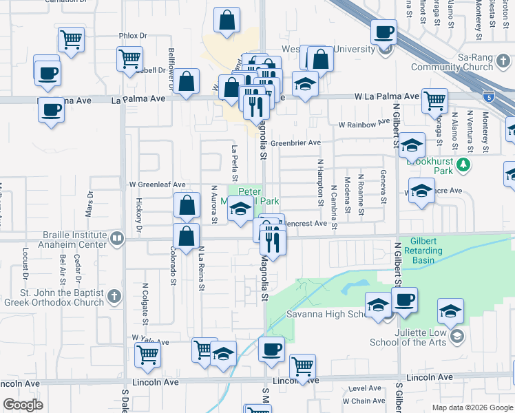 map of restaurants, bars, coffee shops, grocery stores, and more near 801 North Magnolia Avenue in Anaheim