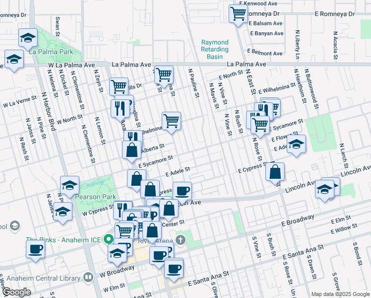 map of restaurants, bars, coffee shops, grocery stores, and more near 419 East Sycamore Street in Anaheim