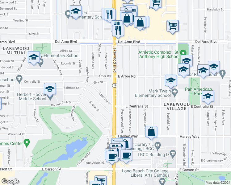 map of restaurants, bars, coffee shops, grocery stores, and more near 4552 1/2 North Lakewood Boulevard in Long Beach