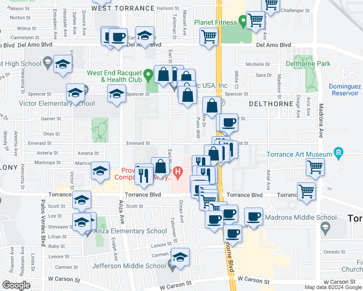 map of restaurants, bars, coffee shops, grocery stores, and more near 4104 Emerald Street in Torrance