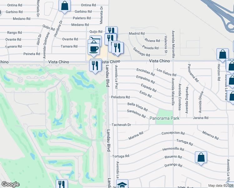 map of restaurants, bars, coffee shops, grocery stores, and more near 28421 Avenida La Paz in Cathedral City
