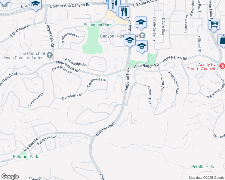 map of restaurants, bars, coffee shops, grocery stores, and more near 571 South Avenue Faro in Anaheim