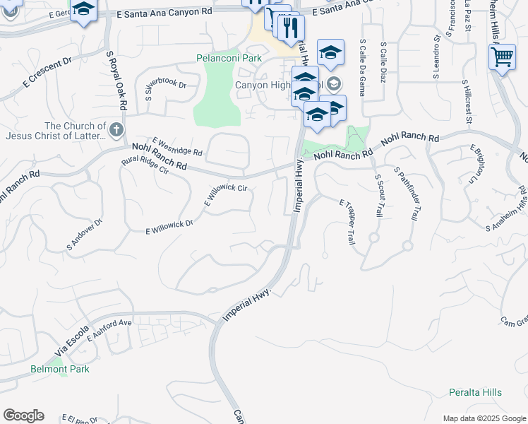 map of restaurants, bars, coffee shops, grocery stores, and more near 571 South Avenue Faro in Anaheim