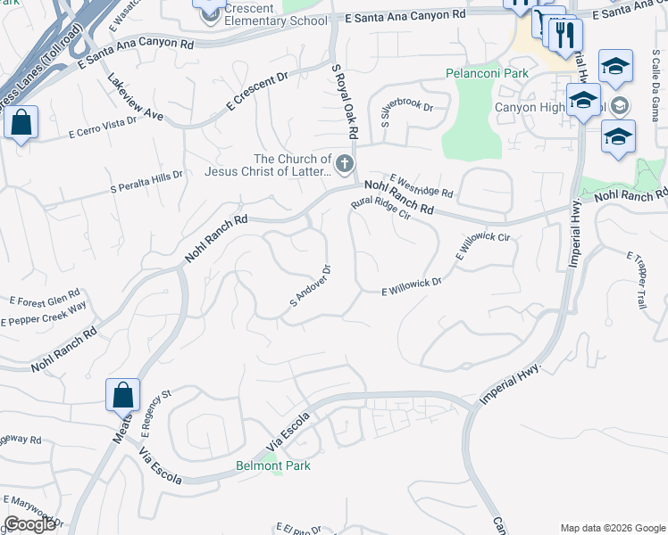 map of restaurants, bars, coffee shops, grocery stores, and more near 565 South Andover Drive in Anaheim