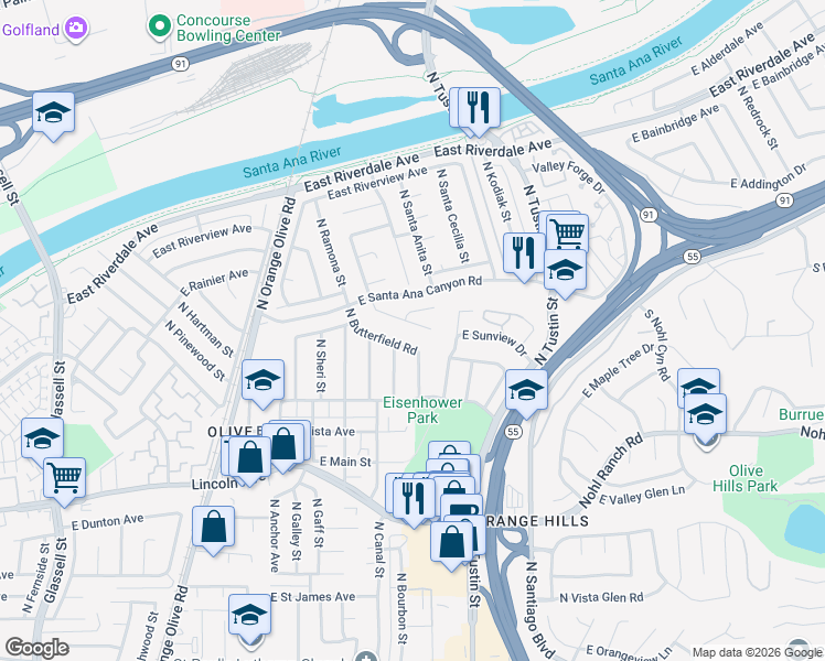 map of restaurants, bars, coffee shops, grocery stores, and more near 1442 East Sunview Drive in Orange