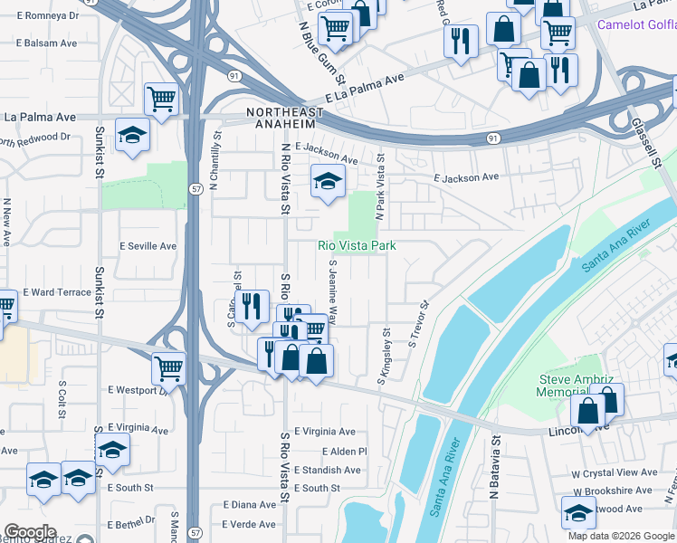map of restaurants, bars, coffee shops, grocery stores, and more near 106 South Alice Street in Anaheim