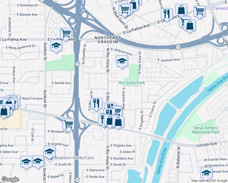 map of restaurants, bars, coffee shops, grocery stores, and more near in Anaheim