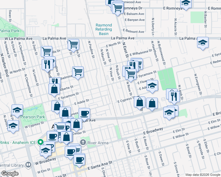 map of restaurants, bars, coffee shops, grocery stores, and more near 427 North Vine Street in Anaheim