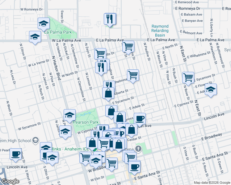 map of restaurants, bars, coffee shops, grocery stores, and more near 611 1/2 North Claudina Street in Anaheim