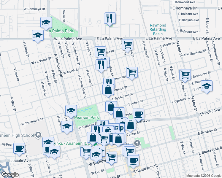 map of restaurants, bars, coffee shops, grocery stores, and more near 611 1/2 North Claudina Street in Anaheim