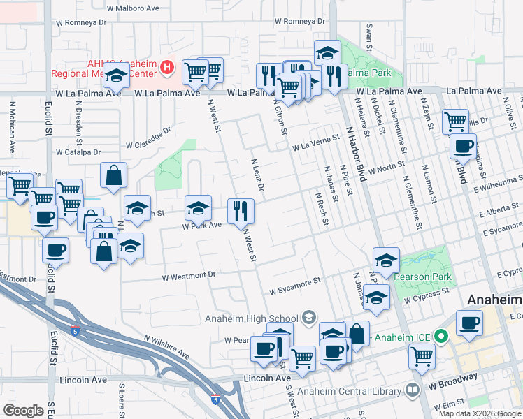 map of restaurants, bars, coffee shops, grocery stores, and more near 930 West North Street in Anaheim