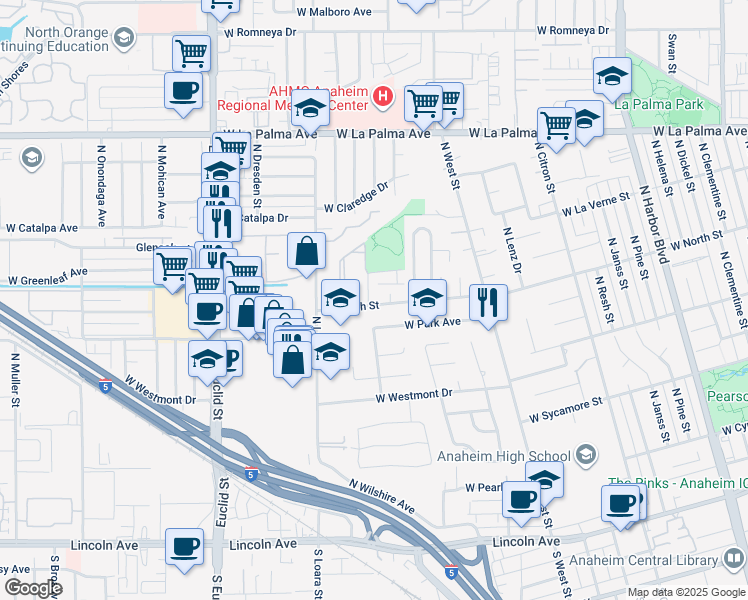 map of restaurants, bars, coffee shops, grocery stores, and more near 811 North Justin Place in Anaheim