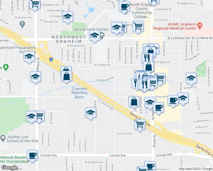 map of restaurants, bars, coffee shops, grocery stores, and more near 3 North Chippewa Avenue in Anaheim