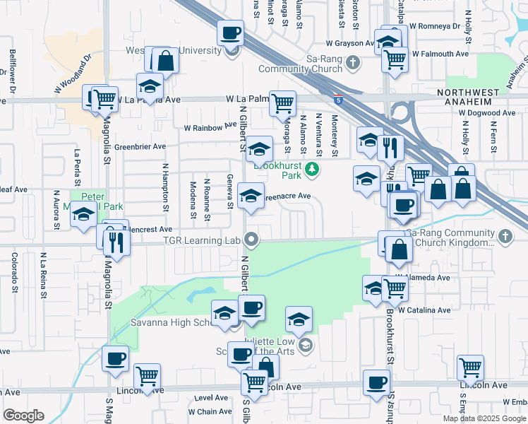 map of restaurants, bars, coffee shops, grocery stores, and more near 2350 West Greenacre Avenue in Anaheim